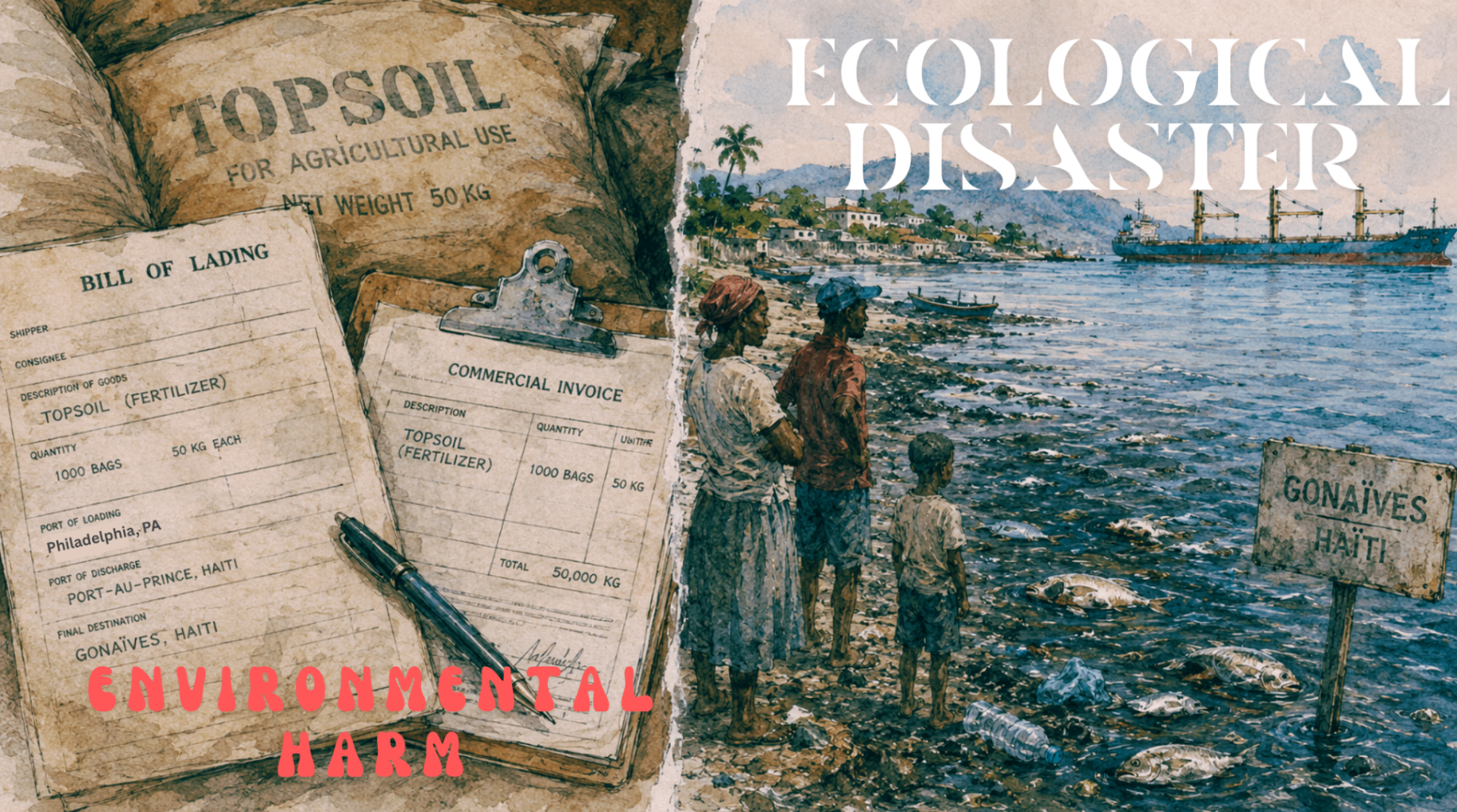 Illustration of ecological disaster in Gonaïves linked to mislabeled waste disposal